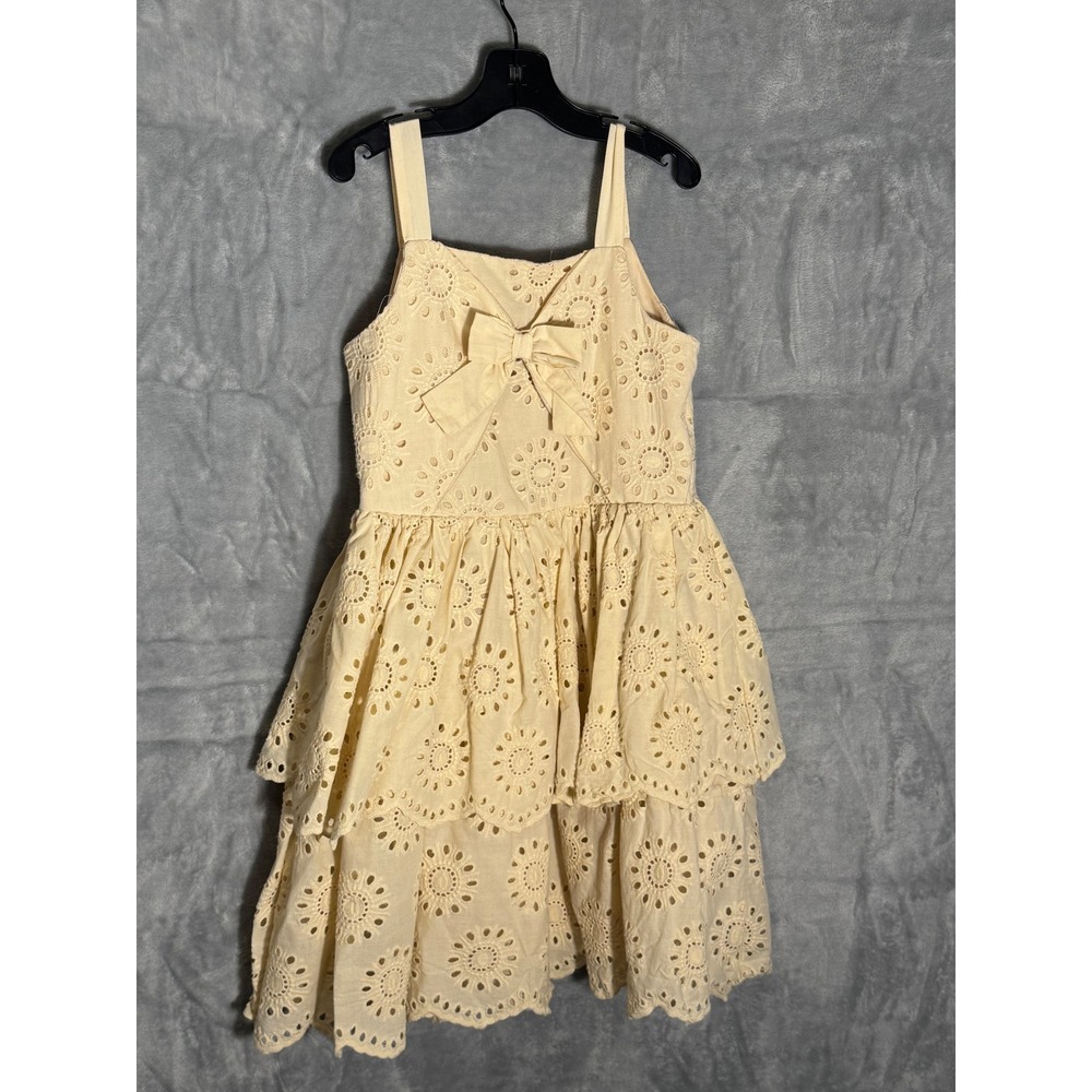Blueberi Boulevard Kids Cream Linen Eyelet Tiered Dress Bow Accent BB5HH90 Sz 8